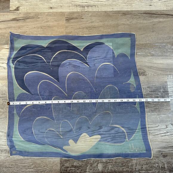 Handpainted Silk Scarf Blue Abstract Cloud Print Square Signed Una Vintage - Picture 7 of 7